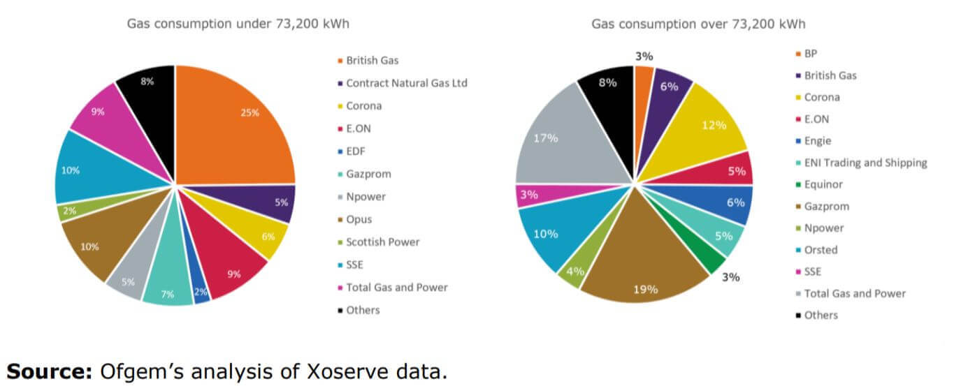 Pie charts showing gas market shares