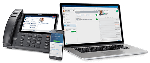 Mitel MiCloud Connect on a desk phone, smartphone and laptop