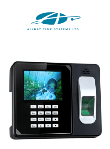 Allday Time Systems logo and fingerprint clocking-in machine