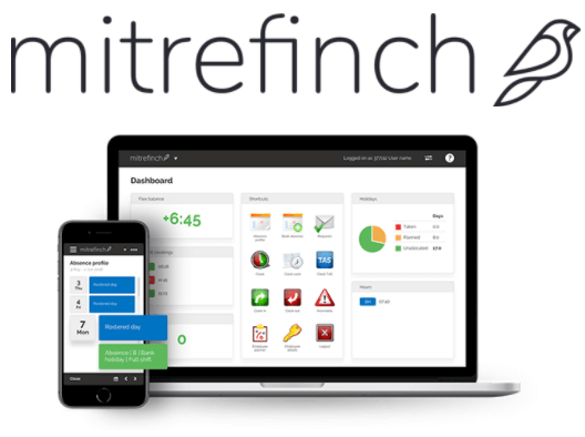 Mitrefinch logo and time and attendance software interface