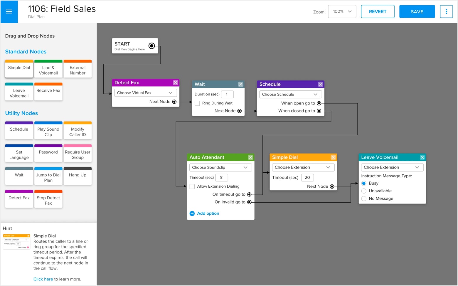 A screenshot of GoToConnect's call flow editor