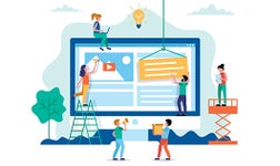 Website design - building a website, working on layout. Small people characters doing various tasks. Concept vector illustration in flat style