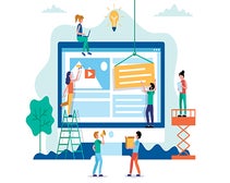 Website design - building a website, working on layout. Small people characters doing various tasks. Concept vector illustration in flat style