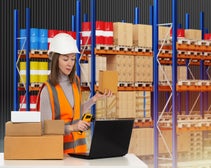 warehouse worker holds a package against a backdrop of parcels