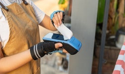 person with fingerless gloves holding a card reader with a receipt printer built-in which is printing a receipt