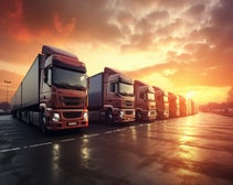 A fleet of trucks sat in a service station.