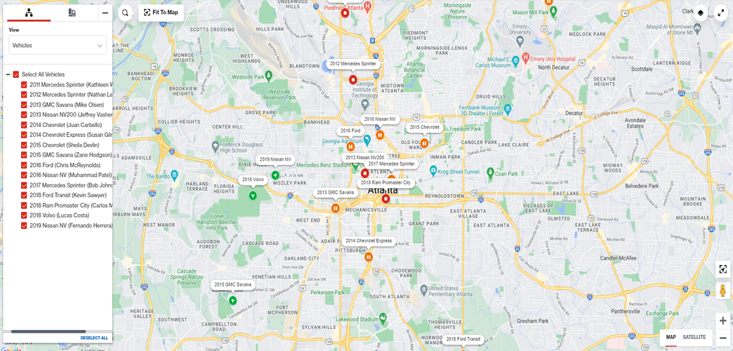 Verizon Connect Reveal software map with list of vehicles on left and Google map in remainder of screen based in Atlanta, US