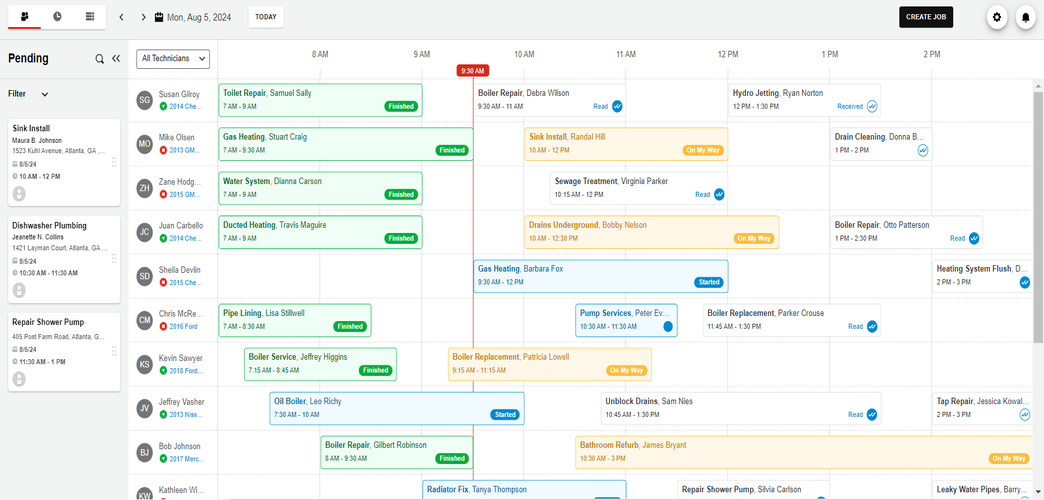 Verizon Connect Reveal's Scheduler tool showing calendar display of different drivers tasks with green tasks being complete, orange tasks in progress and blue tasks completed