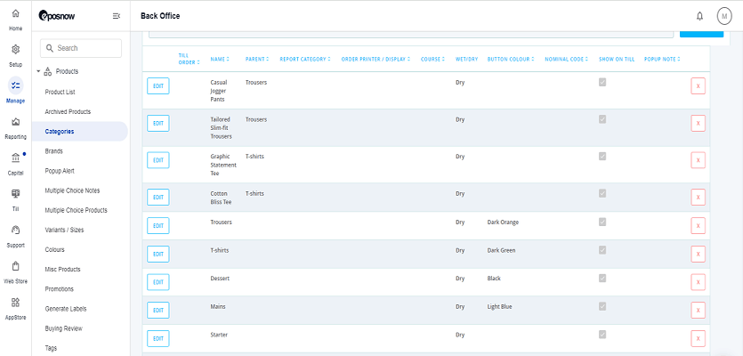 Screenshot of product categories on EPOS Now EPOS system