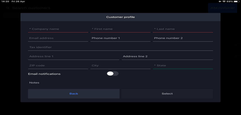 Screenshot of Lightspeed POS system customer profile creation