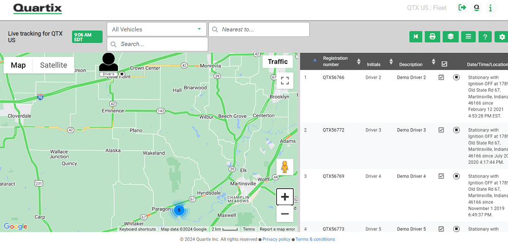 screenshot of Quartix vehicle tracking map