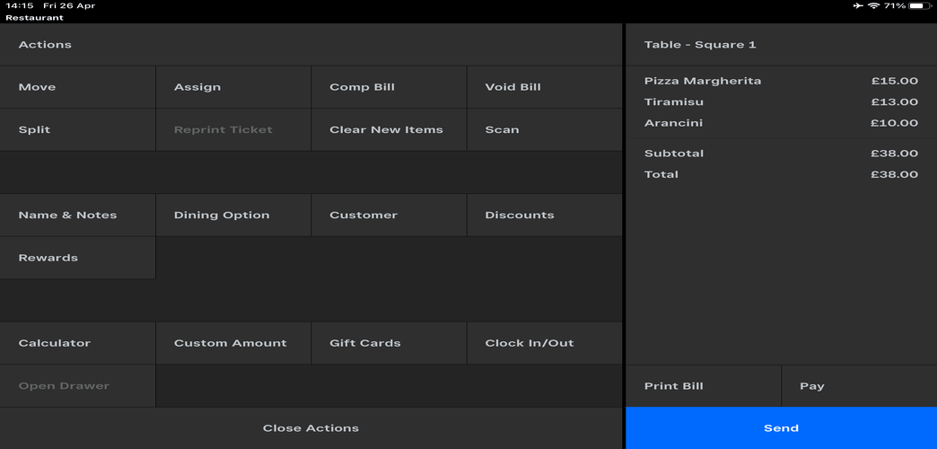 screenshot of Square EPOS actions menu