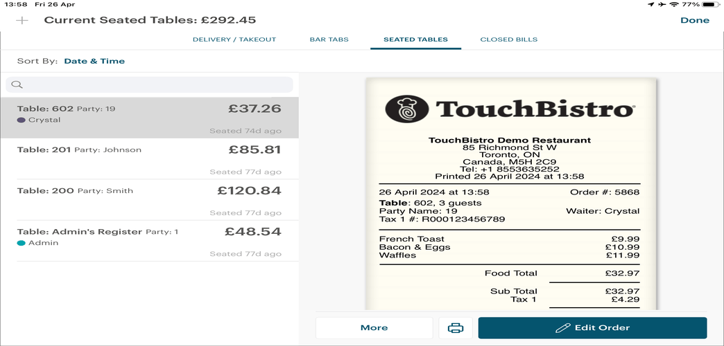 Screenshot of TouchBistro sales history