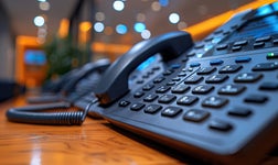 A VoIP-powered hard phone on a desk in a small business call center.