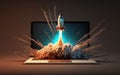 An illustration of a rocket blasting out of a computer screen.
