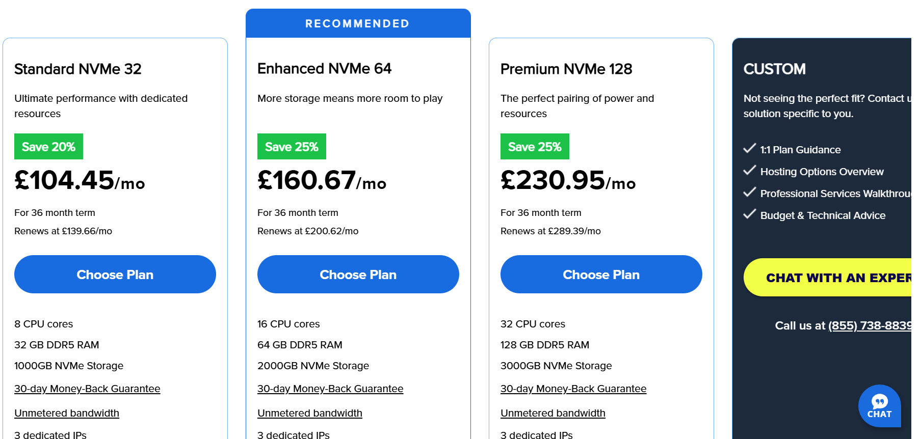 Screenshot of Bluehost pricing for dedicated hosting plans