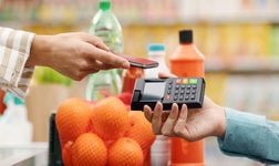 Person paying for their shopping at the supermarket using a POS card machine which accounts for POS system costs