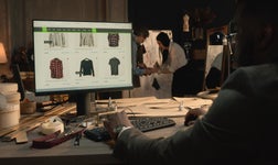 dimly lit setting with computer screen on showing a bespoke website for clothing