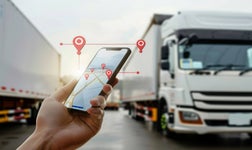 une femme avec un portable regardant un systeme de geolocalisation avec un camion dans le fond