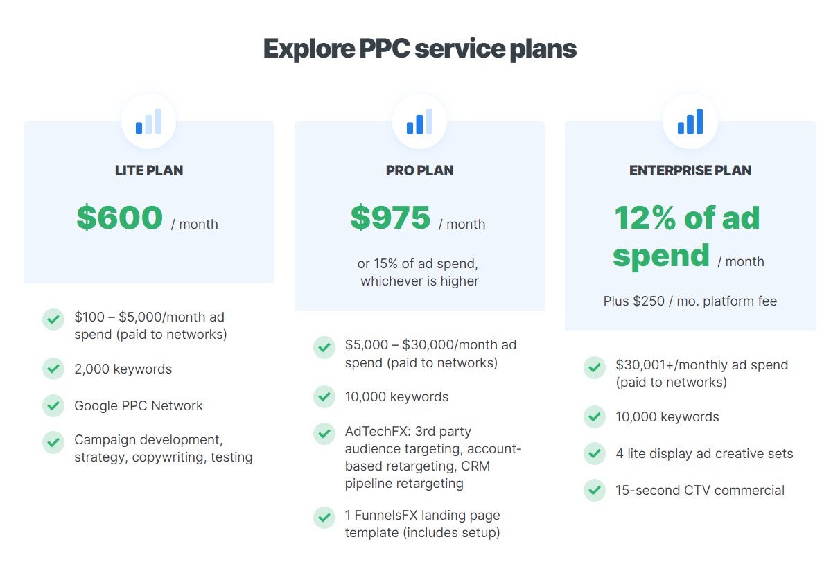 screenshot of three webfx ppc marketing price plans