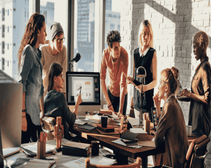 a marketing team working together on a project.