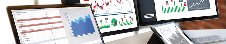 A series of screens displaying analytical dashboards