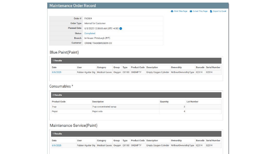 Maintenance Order History inside TrackAbout