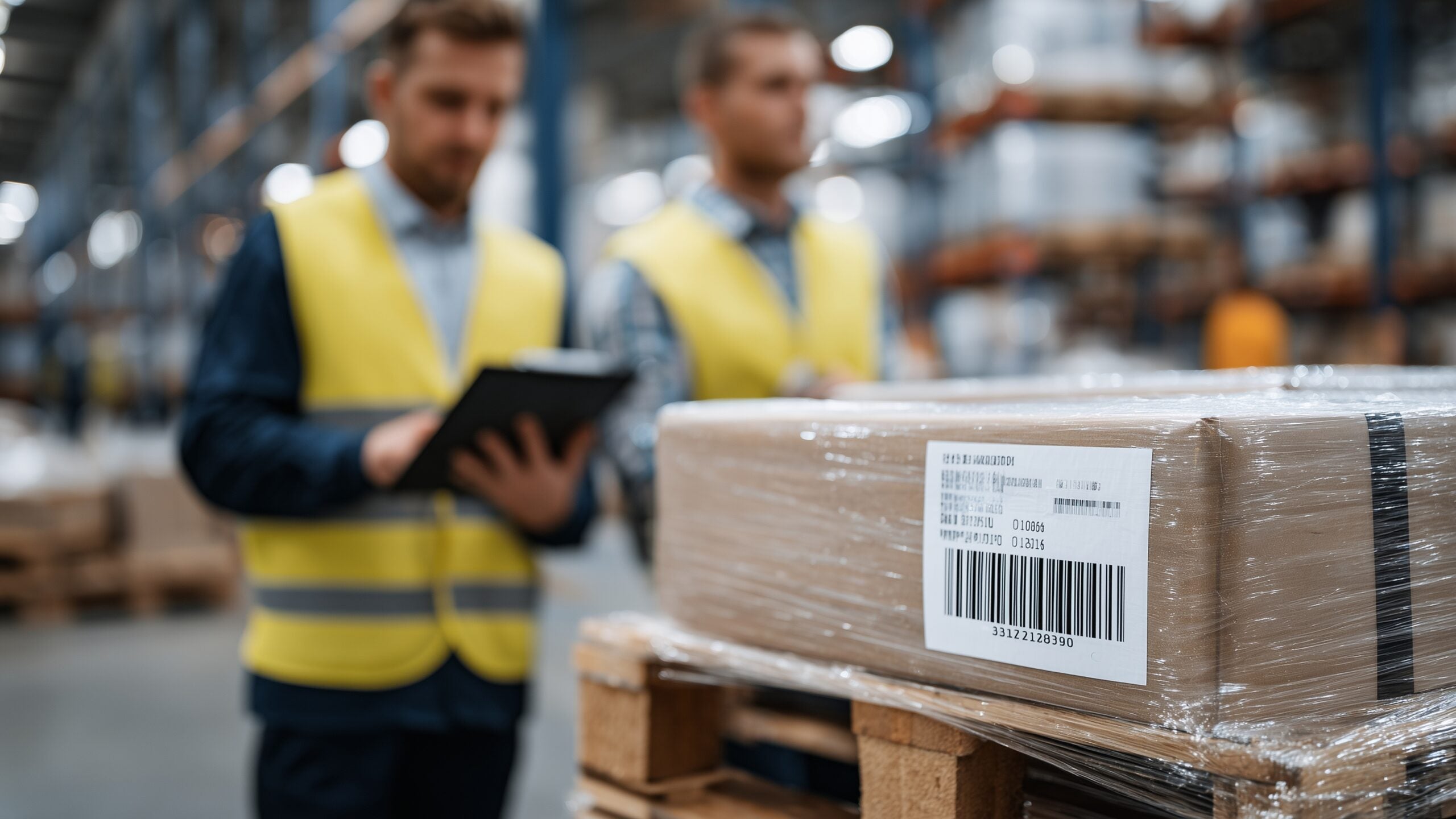 man holding RFID reader in front of package with barcode to scan