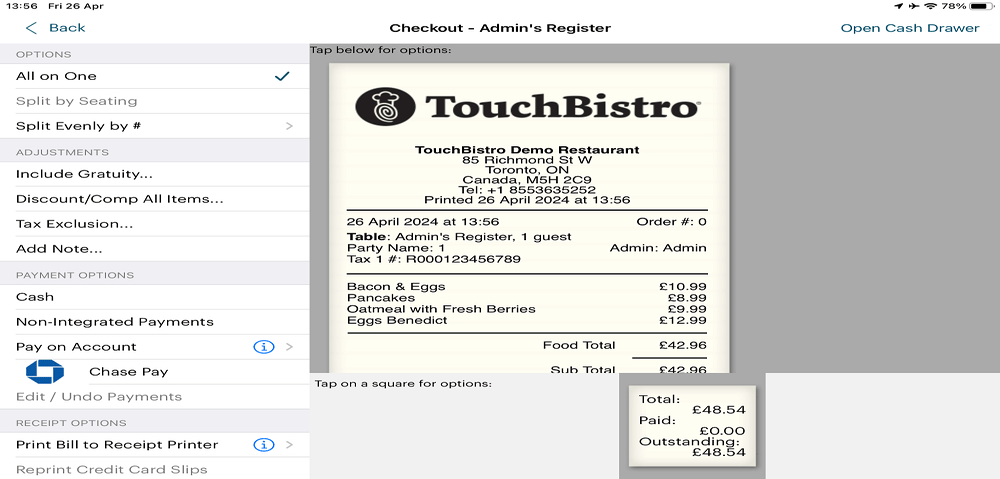screenshot of Touchbistro EPOS system digital order receipt