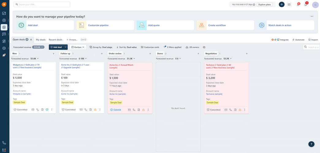 screenshot of freshsales pipeline overview
