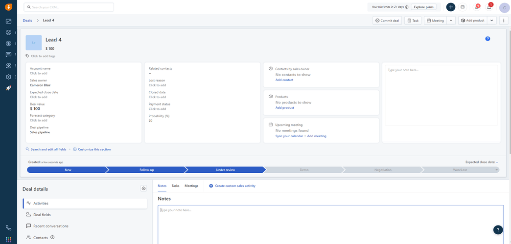 Screenshot of Freshsales dashboard showing lead and deal details