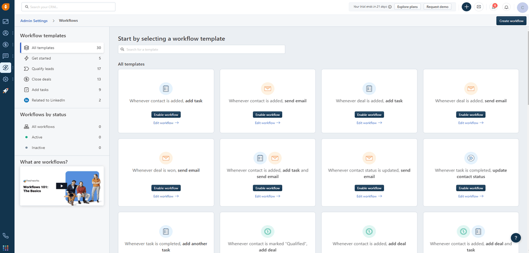 Screenshot of Freshsales CRM dashboard showcasing workflow templates