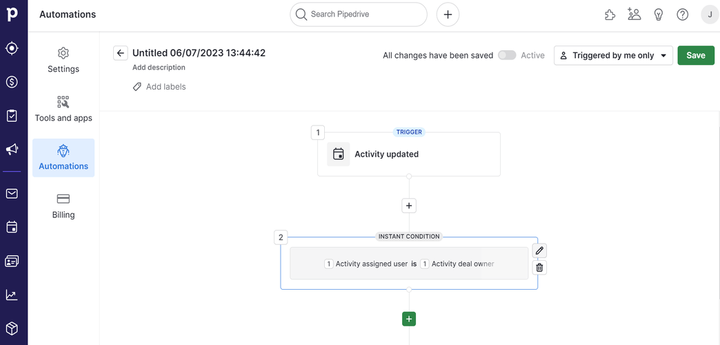 screenshot of pipedrive task automation creator
