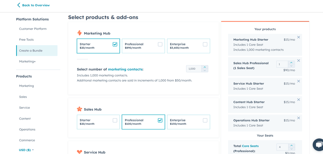 screenshot of hubspot crm bundle pricing