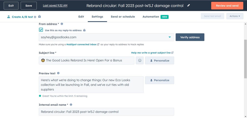 screenshot of email creation in hubspot
