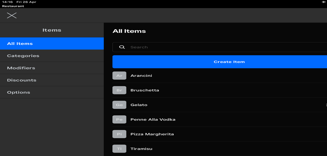 screenshot of Square POS items listing