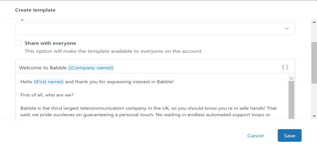 screenshot of Zendesk CRM email template creation