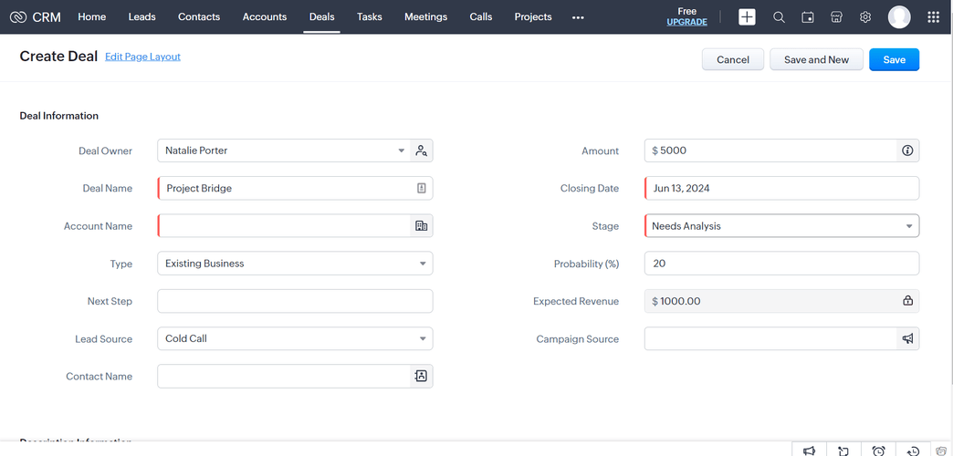 screenshot of creating a new deal profile in Zoho CRM interface