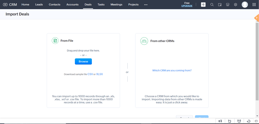 Screenshot showing Zoho CRM options for importing deals from a file or other CRMs