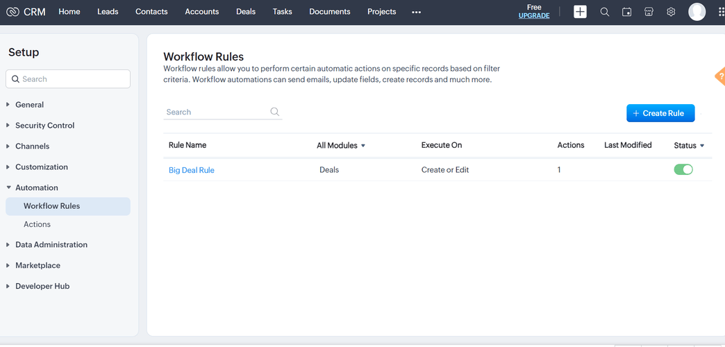 Interface of Zoho CRM demonstrating how to set up workflow rules for increased automation