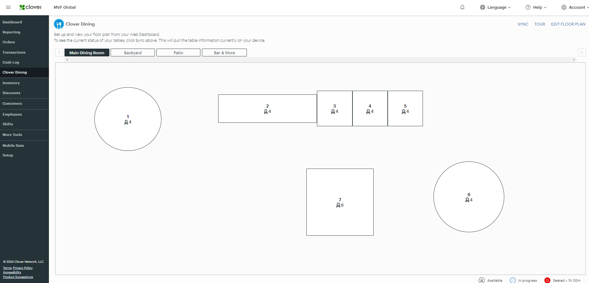 screenshot of floorplan in Clover POS