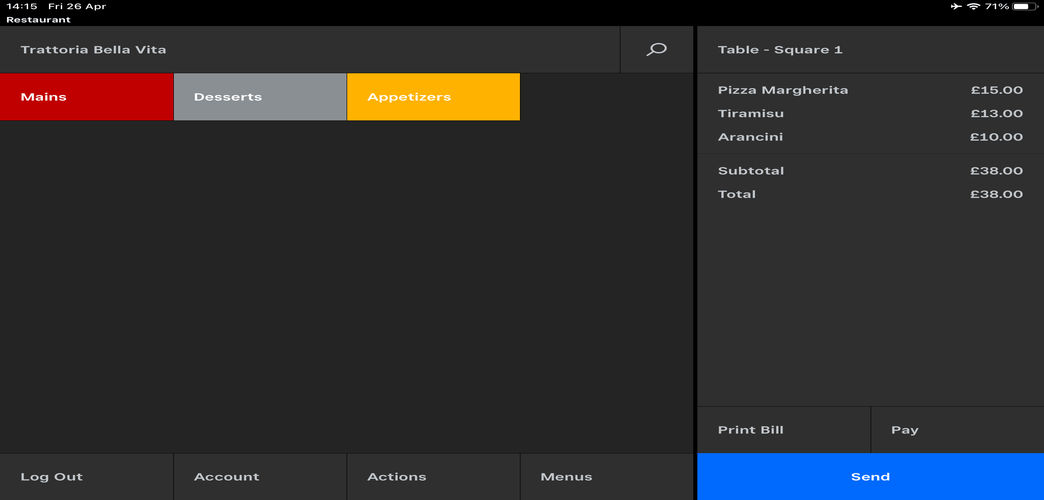 screenshot of Square POS restaurant order page