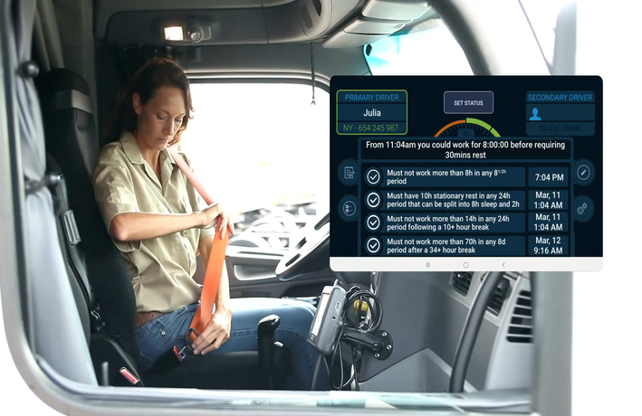 person putting seatbelt in socket inside a truck with a computer dashboard overlaid on top