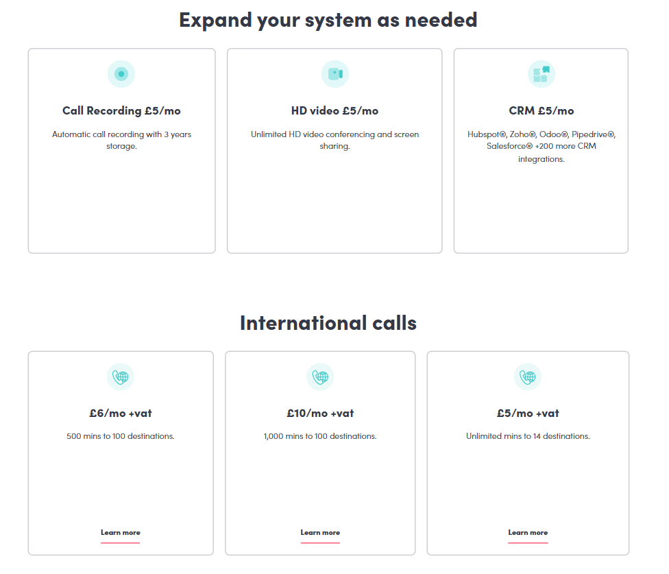 bonline website showing potential add-ons such as Call recording, video conferencing and CRM integration