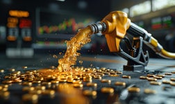A gas pump with coins flowing out of it