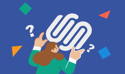 illustrated woman holding Squarespace logo surrounded by question marks