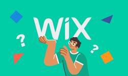 illustrated man holding up Wix logo surrounded by question marks