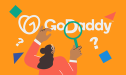 illustrated woman holding magnifying glass over GoDaddy logo