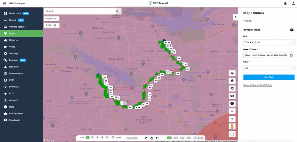 screenshot of GPS Trackit's live vehicle tracking map