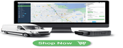 GPS Trackit product image with vehicle tracking map on desktop, small white van, and tracker device